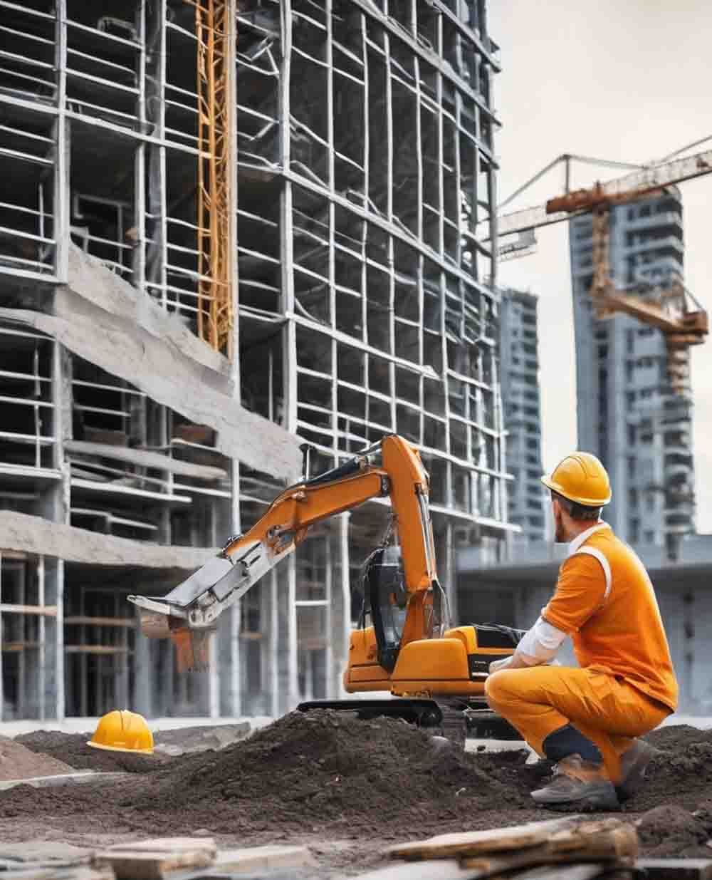 تصویر مرد تکنسین ساختمان نارنجی پوش در کنار ساختمان نیمه کاره بتنی به همراه جرثفیل نارنجی رنگ