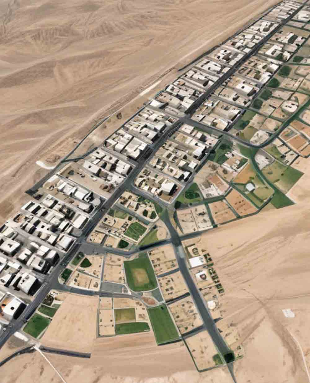 نمای رنگی شهر ساخته شده از بالا در دل کویر