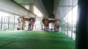 زمین بازک احداثشده زیر پل ۱۹ مهر با کفپوش چمن مصنوعی و دیوارنگارههای ورزشی از پهلوانان ایرانی